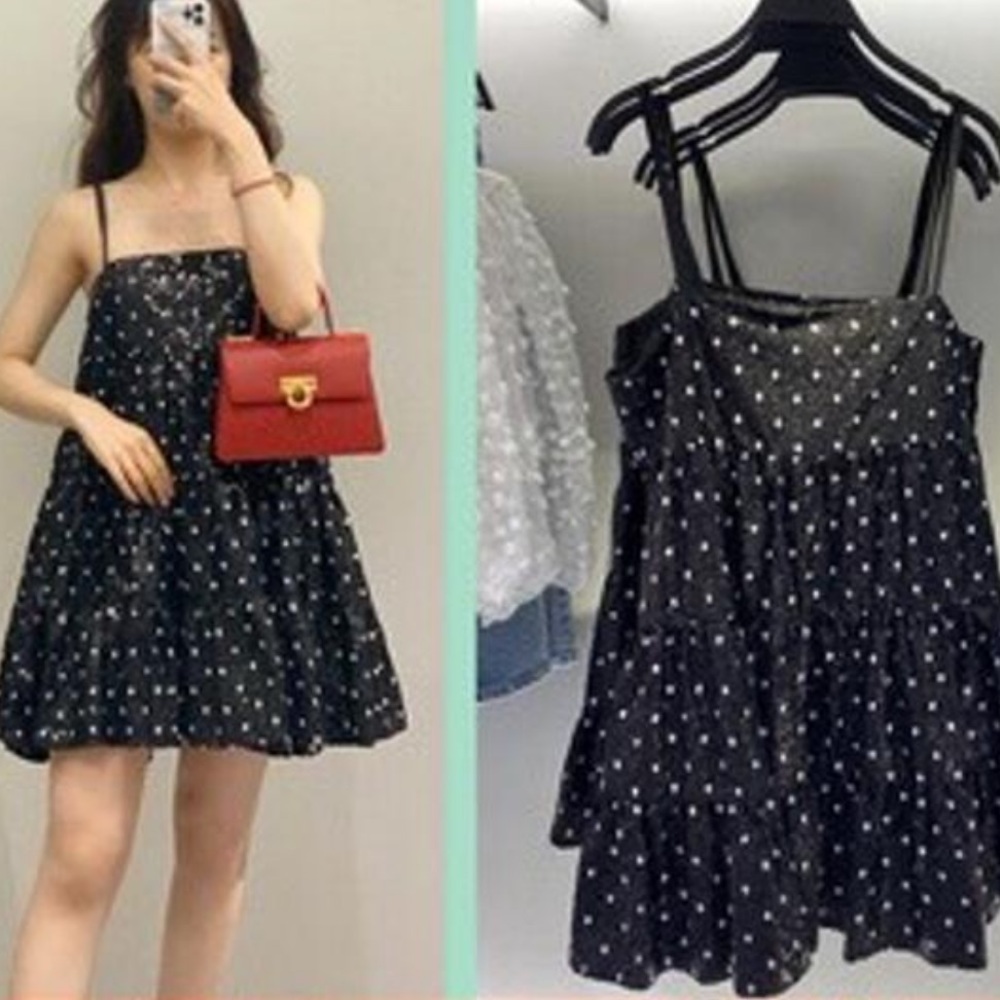 Zara Black Sequin Mini Polka Dot Ruffled Hem Dress